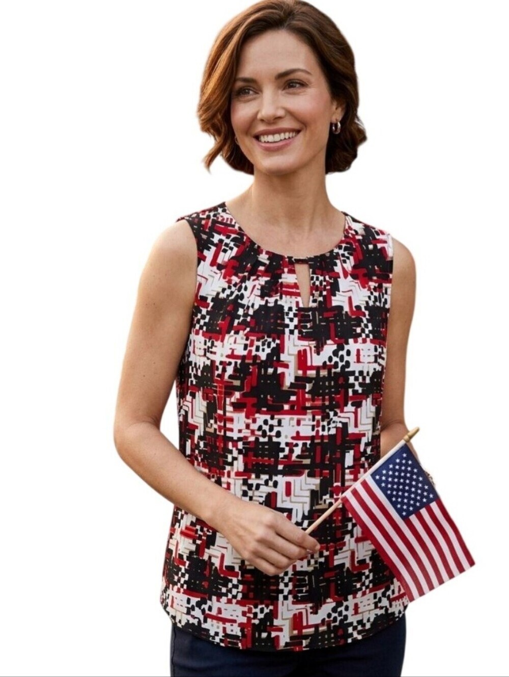 Talbots Red Black White Geometric Print Sleeveless Blouse Size 10p